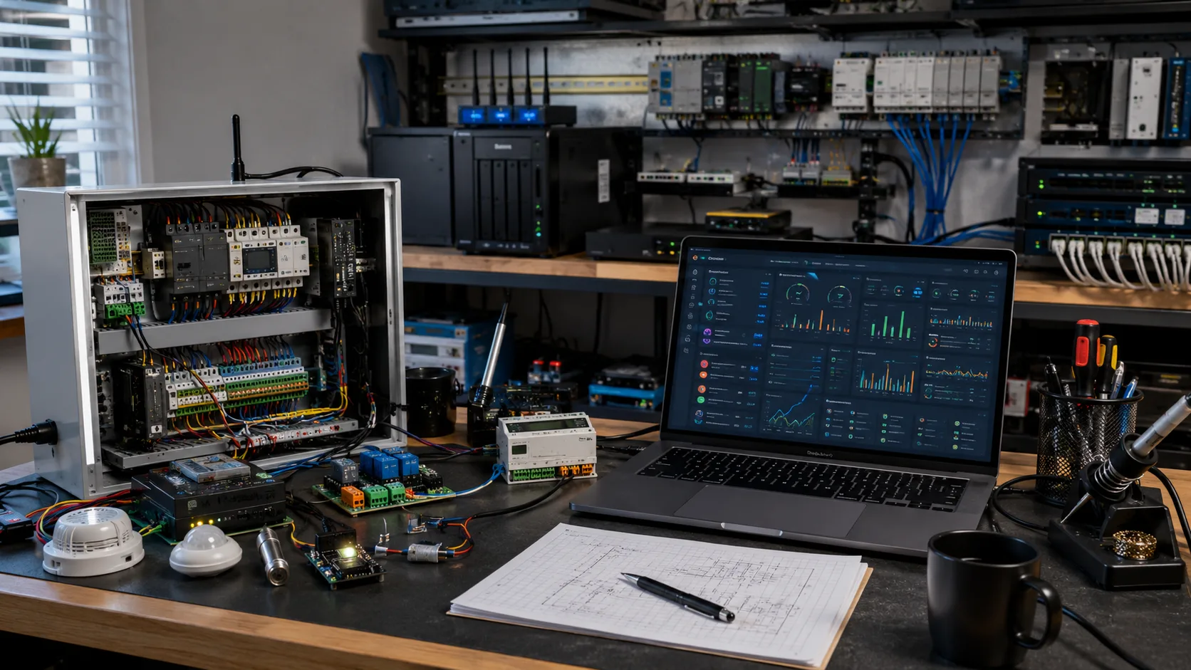 Technické pracovisko s automatizačnými modulmi, senzormi, serverom a riadiacim systémom